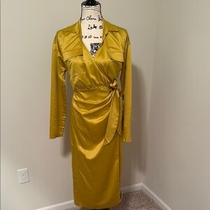 ASOS Yellow Ruched Wrap Dress V-Neck Long Sleeve
